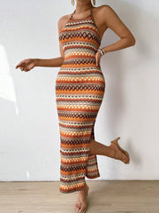 SHEIN Franclia Sleeveless Halter Neck Countryside Style Dress With High Side Split Maxi Women Outfit