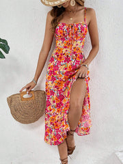 SHEIN Frenchy Women's Spaghetti Strap Floral Print Ruched Chest Slit Thigh Sleeveless Summer Dress  Elegant Dress Date Night Dress