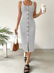 Button Front Square Neck Striped Dress, Elegant Split Sleeveless Backless Midi Tank Dress For Spring & Summer, Women's Clothing