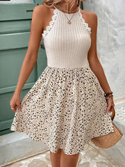 Elegant French Style Women'S Summer Dress, Floral Print with Contrast Lace Detail, Spaghetti Strap Knit Fabric, Polyester 95% Elastane 5%, Slingback Design for Date Night and Vacation