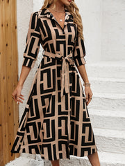 Geo Print Button Front Dress, Elegant Long Sleeve Belted A-line Dress for Spring & Fall, Women's Clothing, Brown Pattern