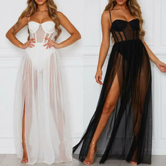 Fashion Casual Womens Sleeveless Dress Sexy Stars Perspective Mesh Gauze Sleeveless Backless Party Long Dress Black White