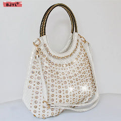 2025 Luxury Fashion Diamonds Women Handbags Genuine Leather Shoulder Bag Female White Rhinestone Messenger Crossbody Tote Bags