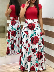 Women Fashion Short Sleeve Dress Summer Floral Print Round Neck Elegant Pullovers Maxi Dresses Casual HolIday New Robe Vestidos