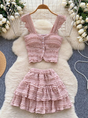 SINGREINY Beachwear Hotsweet Women Suits Strapless Edible Tree Fungus Chic Tops+Elastic Waist MIni Skirt Vacation Casual Sets