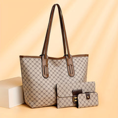 Chic 3pcs Women's Tote Set - Large Capacity, Geometric Pattern in Light Brown/Grey/White - Faux Leather with Polyester Lining, Zip Closure