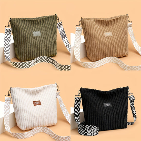 Casual Corduroy Crossbody Bag for Women Stripe Design Adjustable Strap Zipper Closure Lightweight Shoulder Bag with Polyester Lining for Daily Commute and Shopping Available in Khaki White Green Black